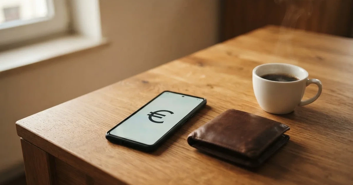 Telemóvel numa mesa de madeira ao lado de uma carteira e de uma chávena de café — casinos online com depósito pt