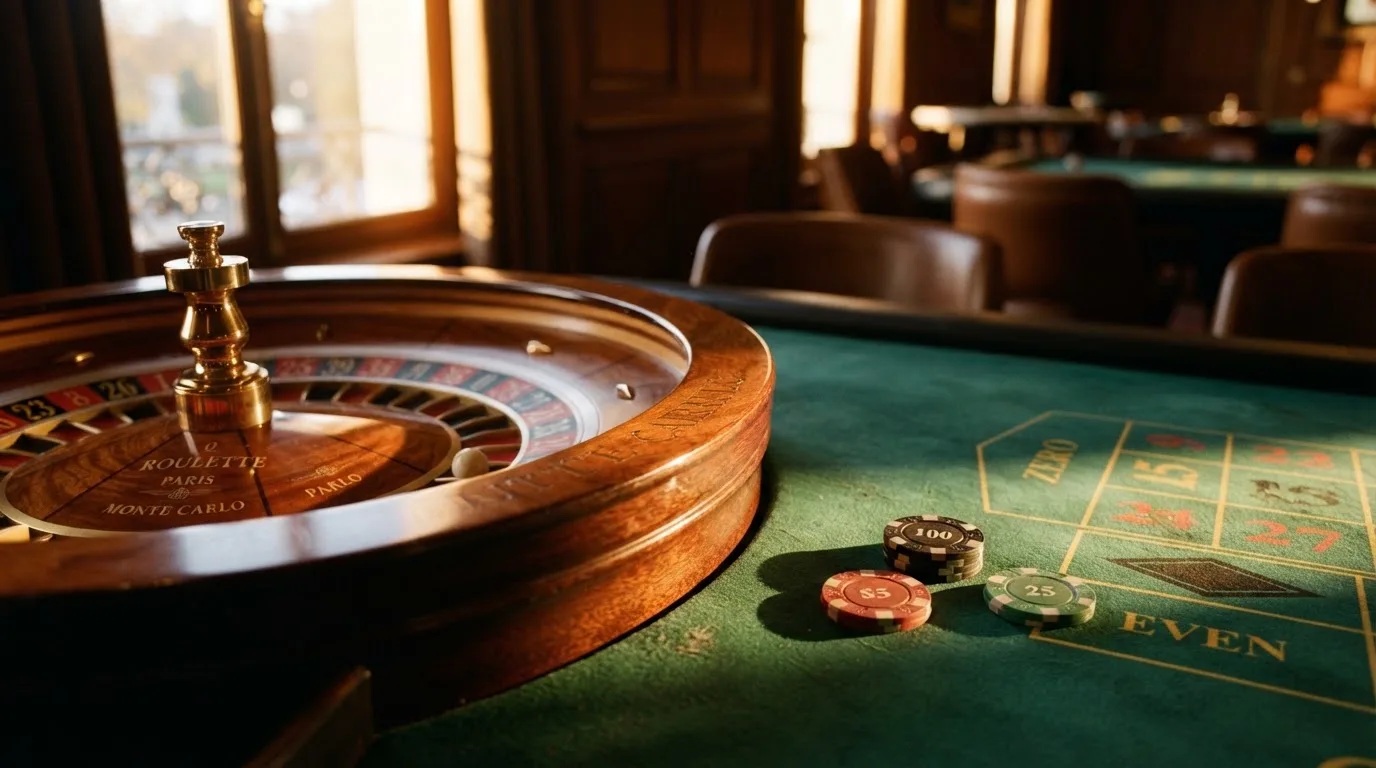 Roda de roleta e fichas sobre feltro verde, sob uma luz quente de fim de tarde — casinos online grátis em portugal