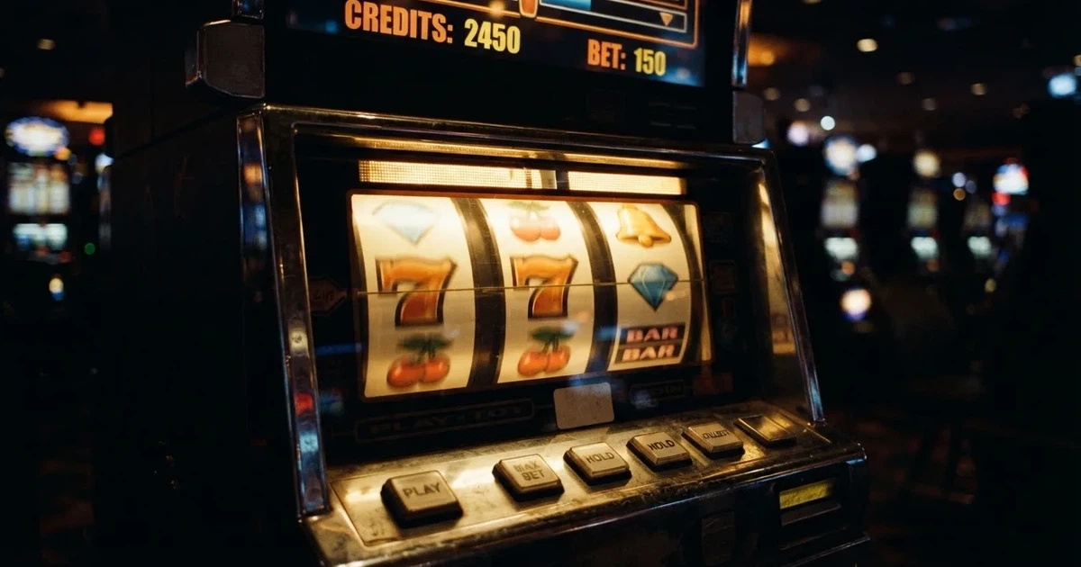 Rolos luminosos de uma slot machine numa sala escura, em grande plano — casinos online grátis em portugal
