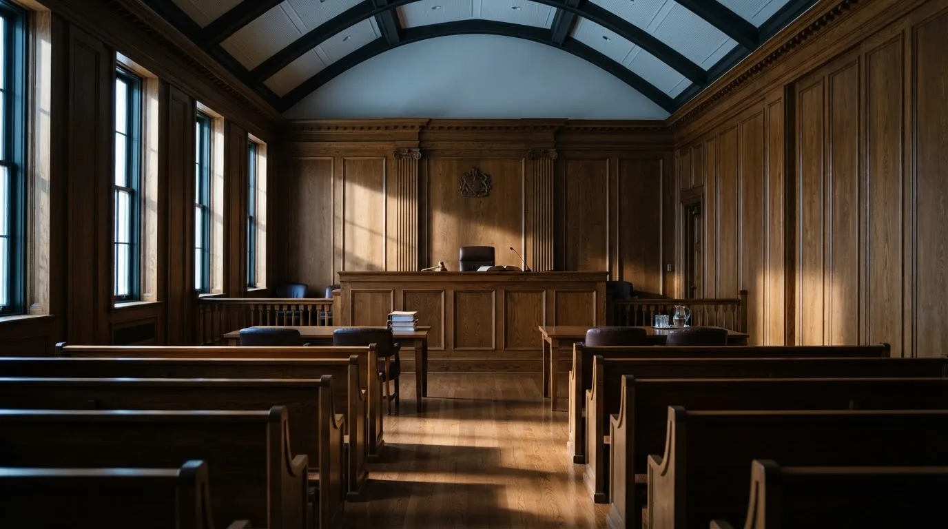 Sala de tribunal vazia com painéis de madeira, à luz da manhã — casinos online sem depósito pt