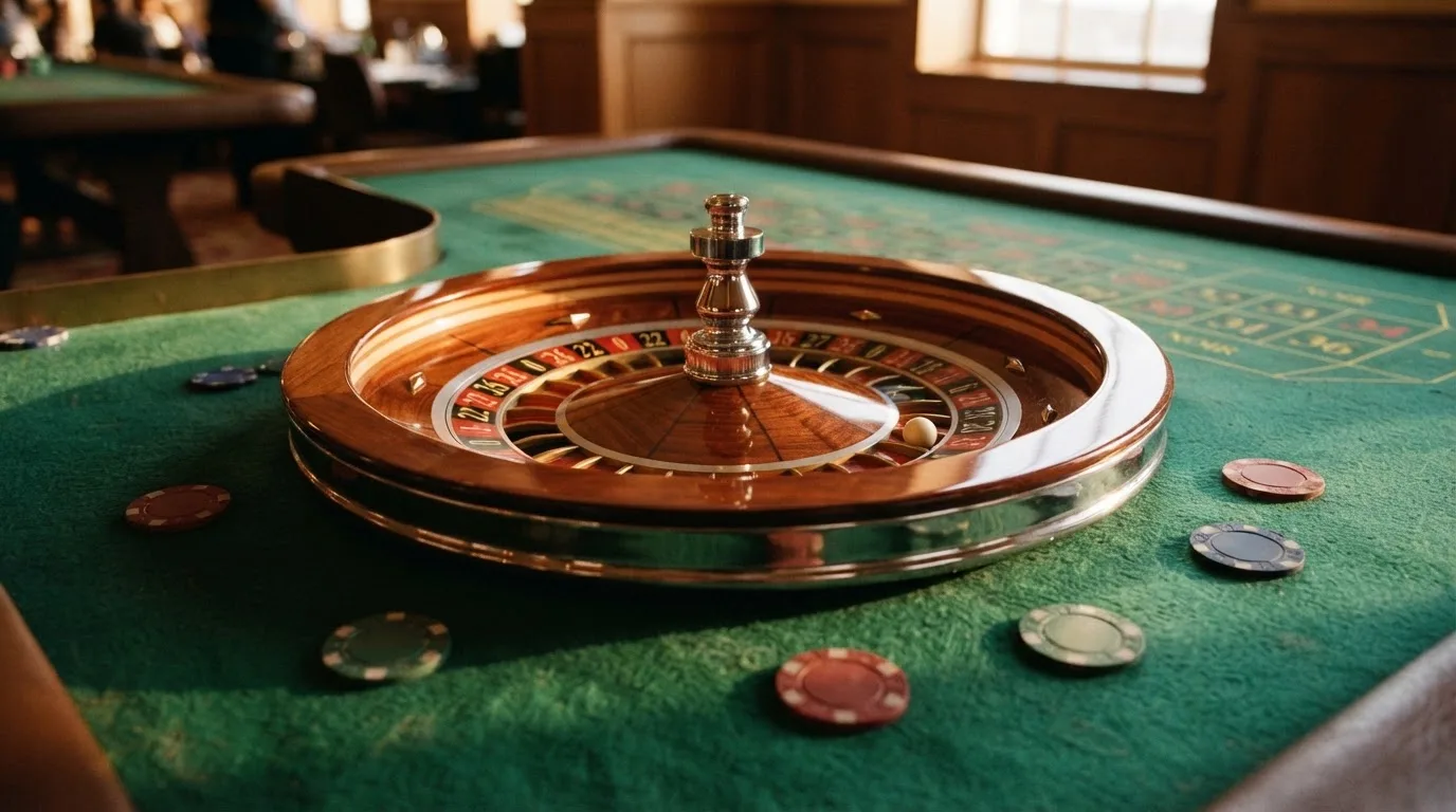 Roda de roleta e fichas sobre feltro verde, sob uma luz quente de fim de tarde — casinos online sem depósito pt