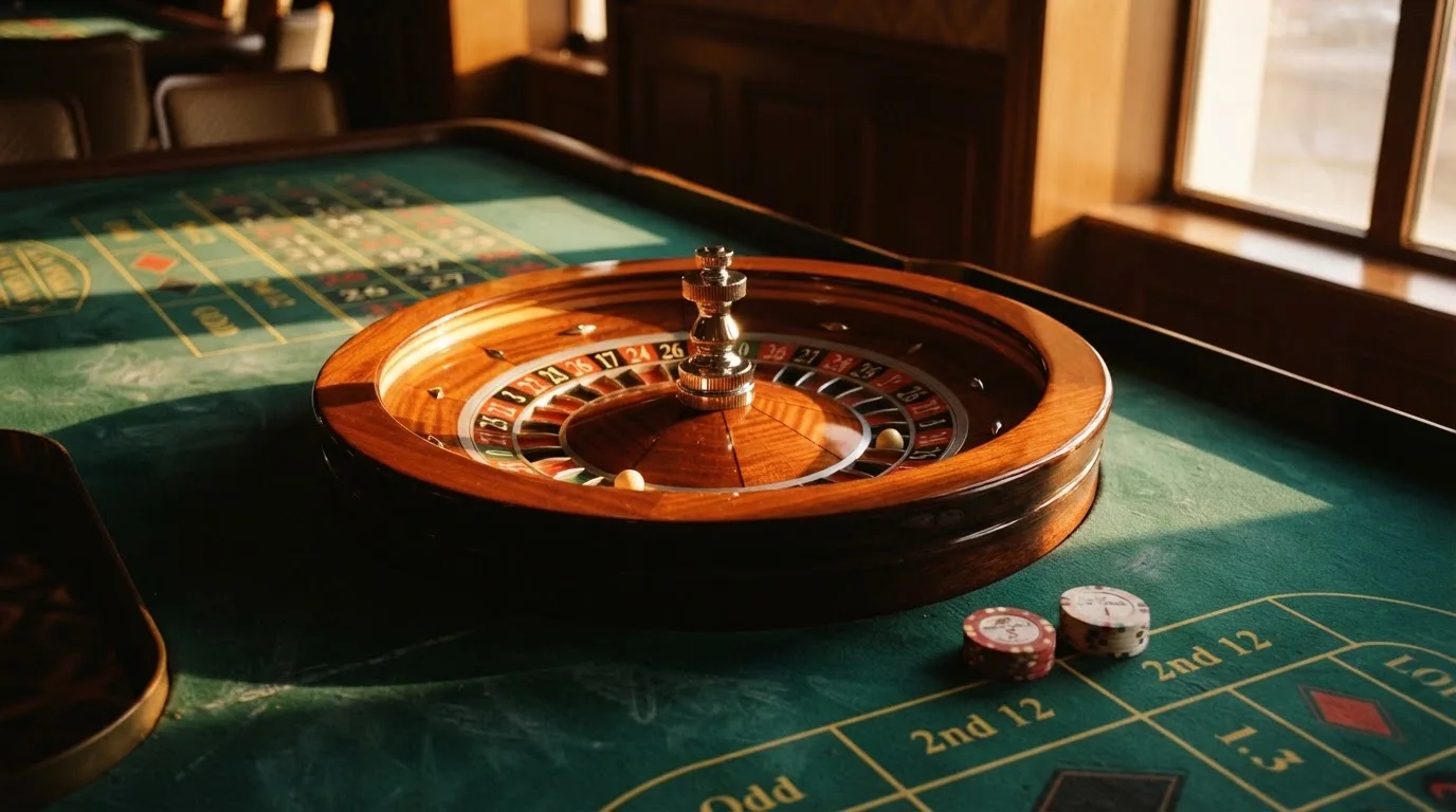 Roda de roleta e fichas sobre feltro verde, sob uma luz quente de fim de tarde — casinos para ganhar dinheiro pt