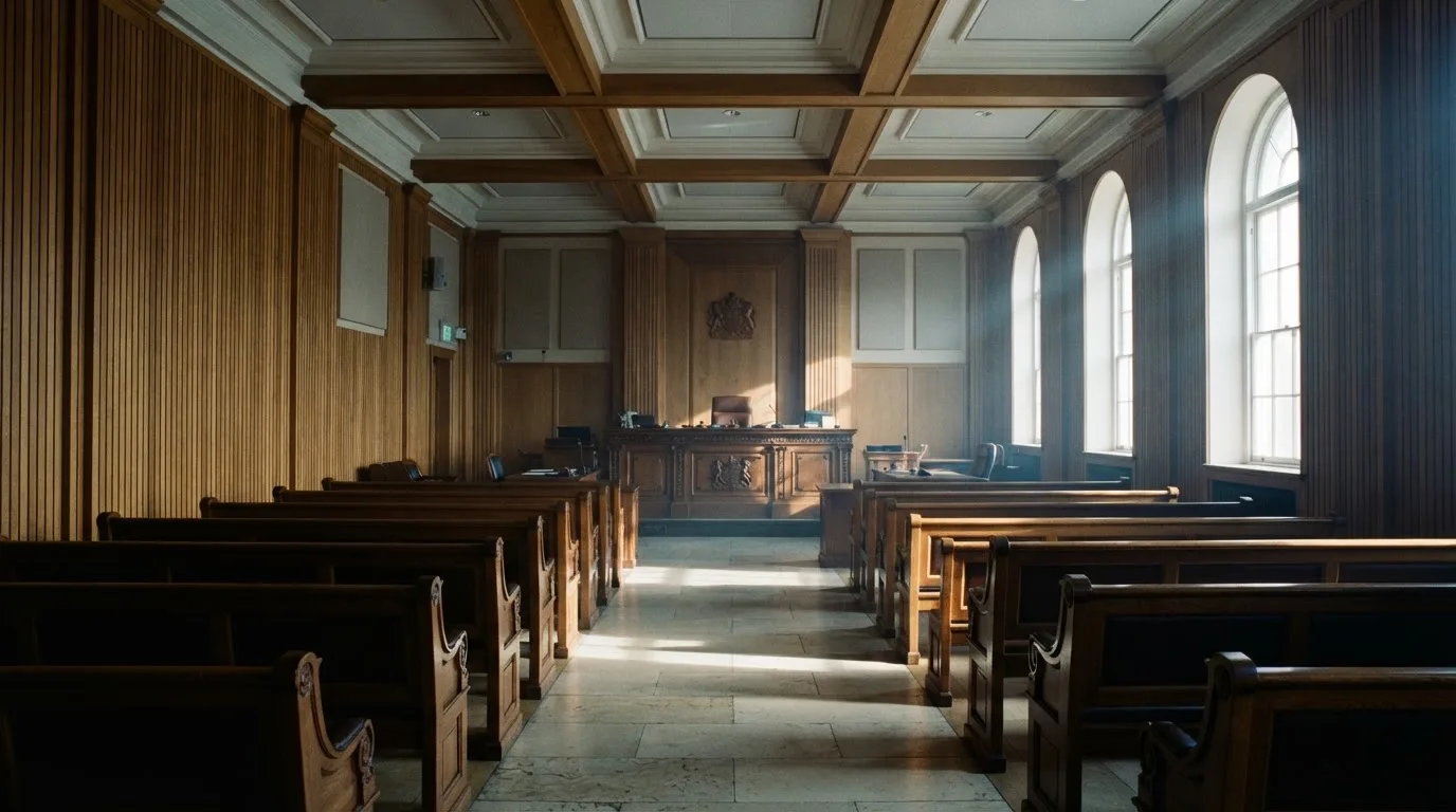 Sala de tribunal vazia com painéis de madeira, à luz da manhã — cassino com bônus em portugal
