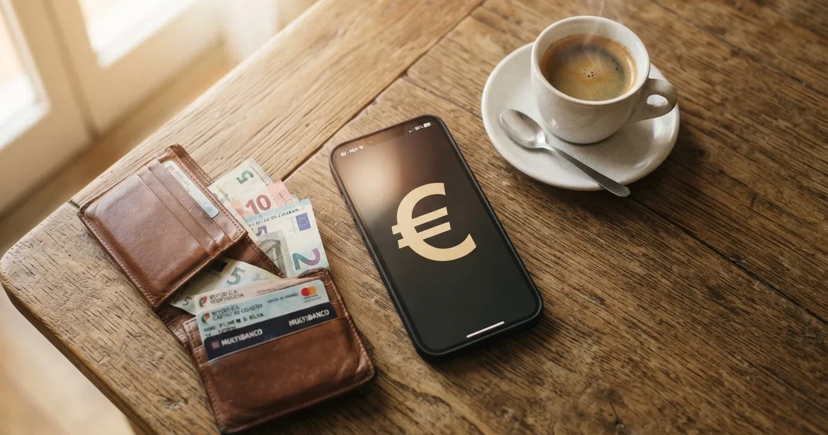 Telemóvel numa mesa de madeira ao lado de uma carteira e de uma chávena de café — cassino com depósito em portugal