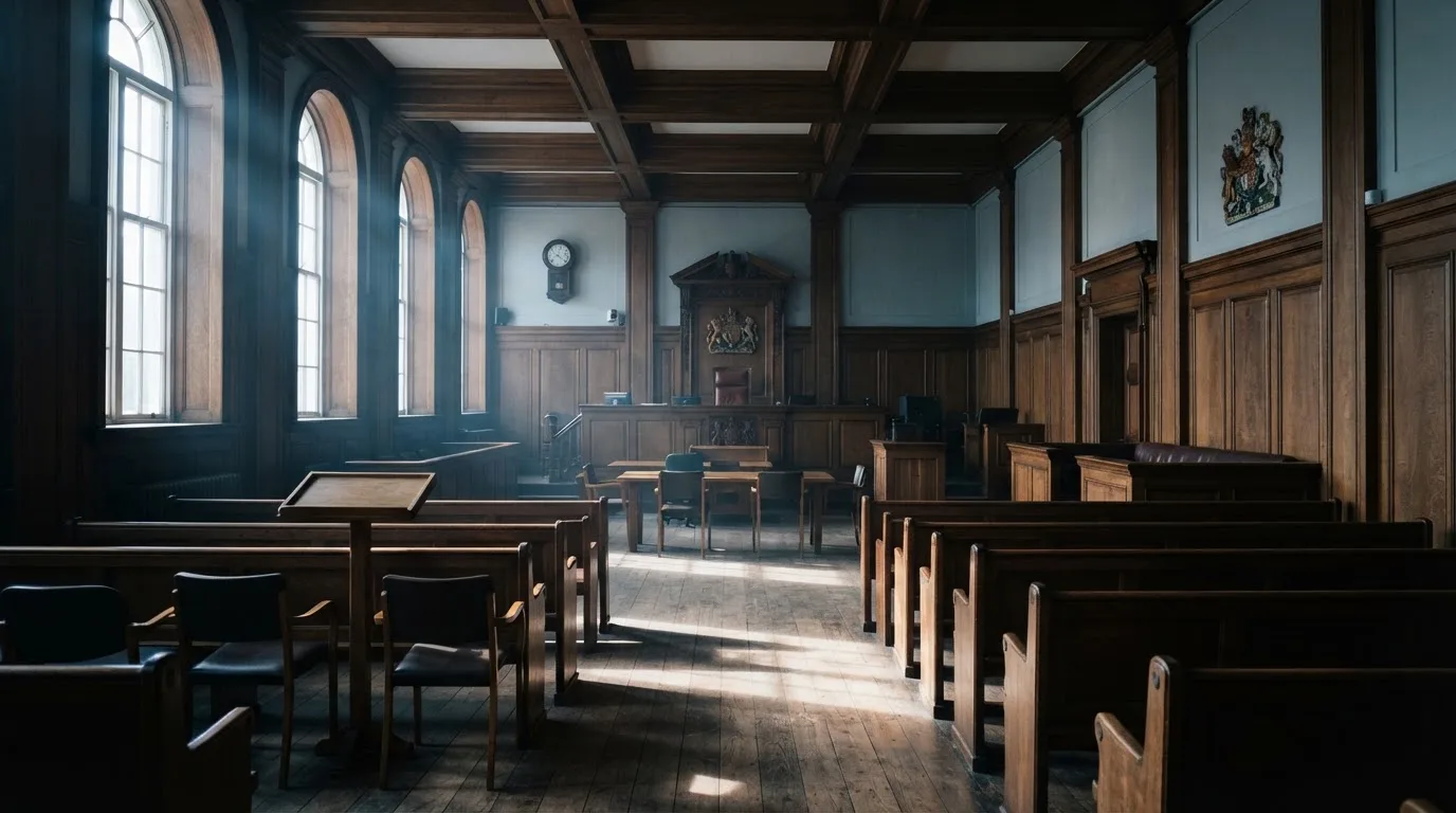 Sala de tribunal vazia com painéis de madeira, à luz da manhã — cassino com roleta em portugal
