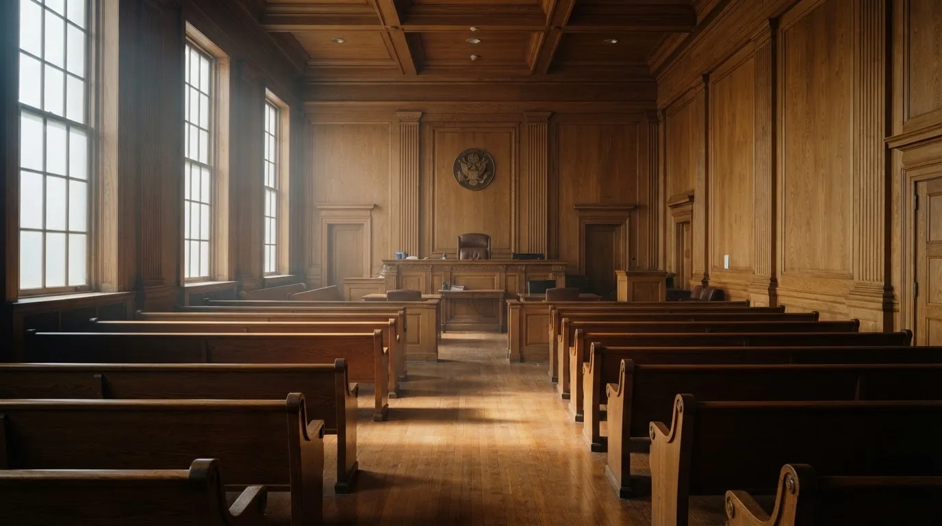 Sala de tribunal vazia com painéis de madeira, à luz da manhã — cassino grátis em portugal