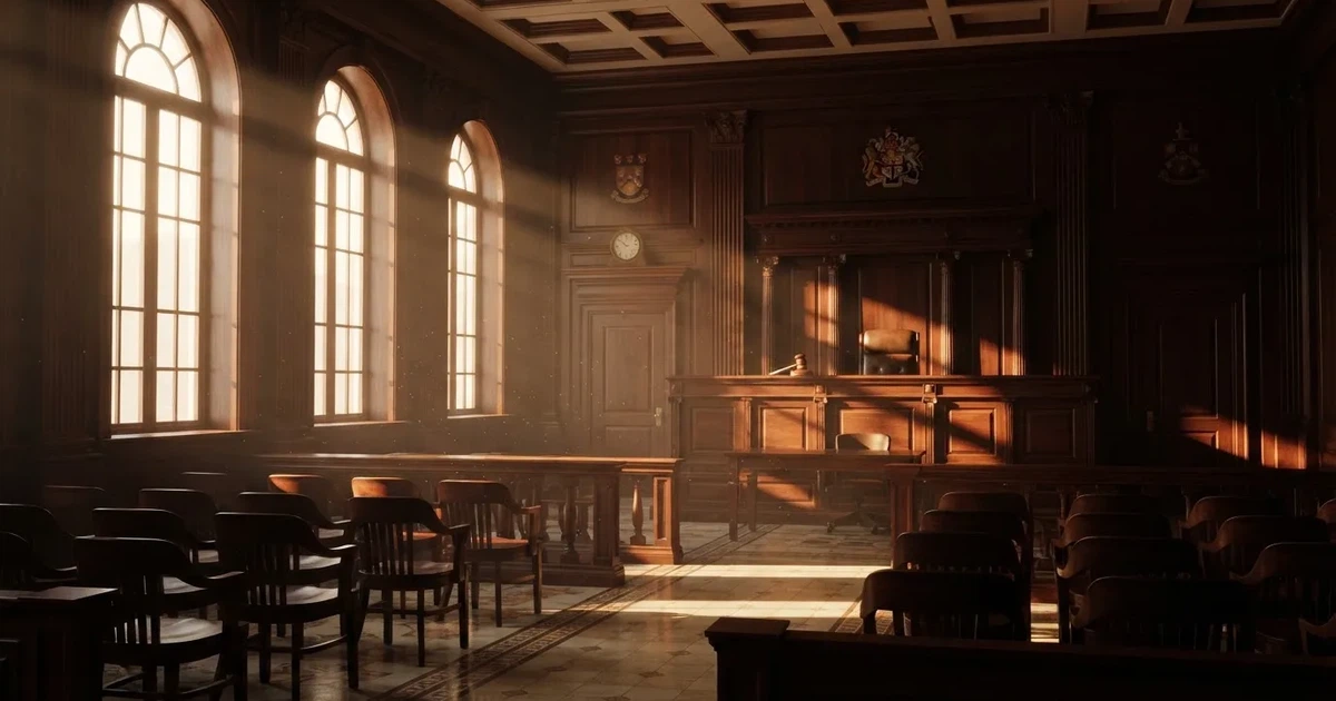 Sala de tribunal vazia com painéis de madeira, à luz da manhã — cassino seguro em portugal