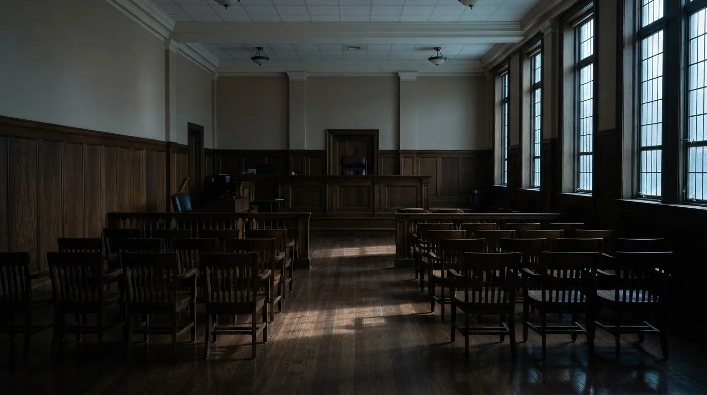 Sala de tribunal vazia com painéis de madeira, à luz da manhã — cassino sem depósito em portugal