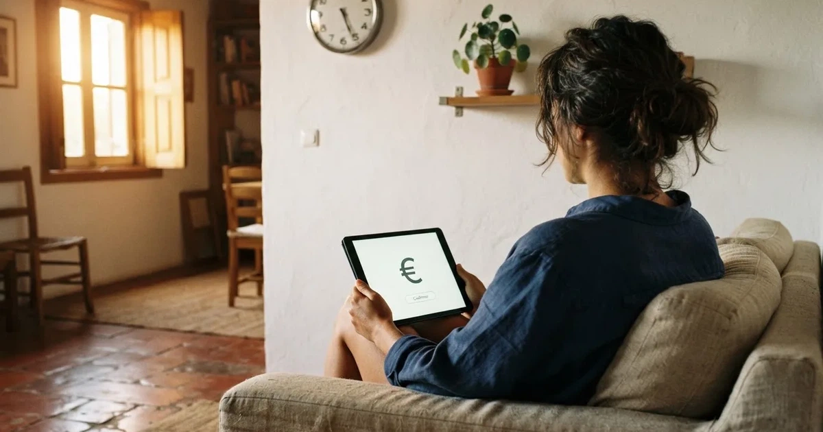 Pessoa num sofá a olhar pensativa para um tablet, com um relógio na parede atrás — cassino sem depósito em portugal