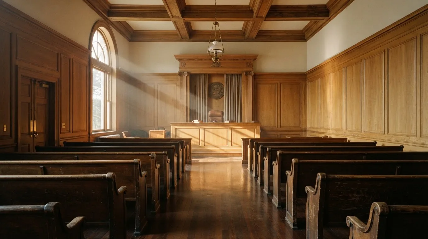 Sala de tribunal vazia com painéis de madeira, à luz da manhã — cassinos ao vivo em portugal
