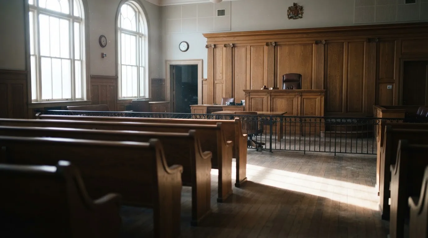 Sala de tribunal vazia com painéis de madeira, à luz da manhã — cassinos com bitcoin em portugal