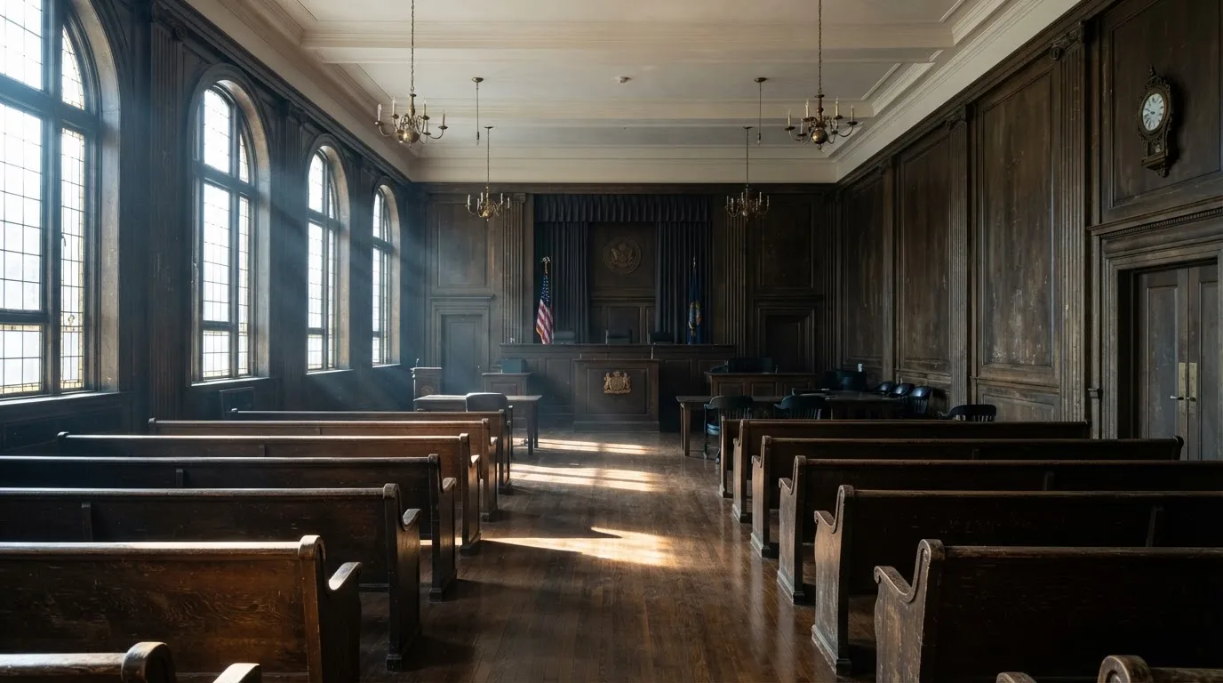 Sala de tribunal vazia com painéis de madeira, à luz da manhã — cassinos online em portugal