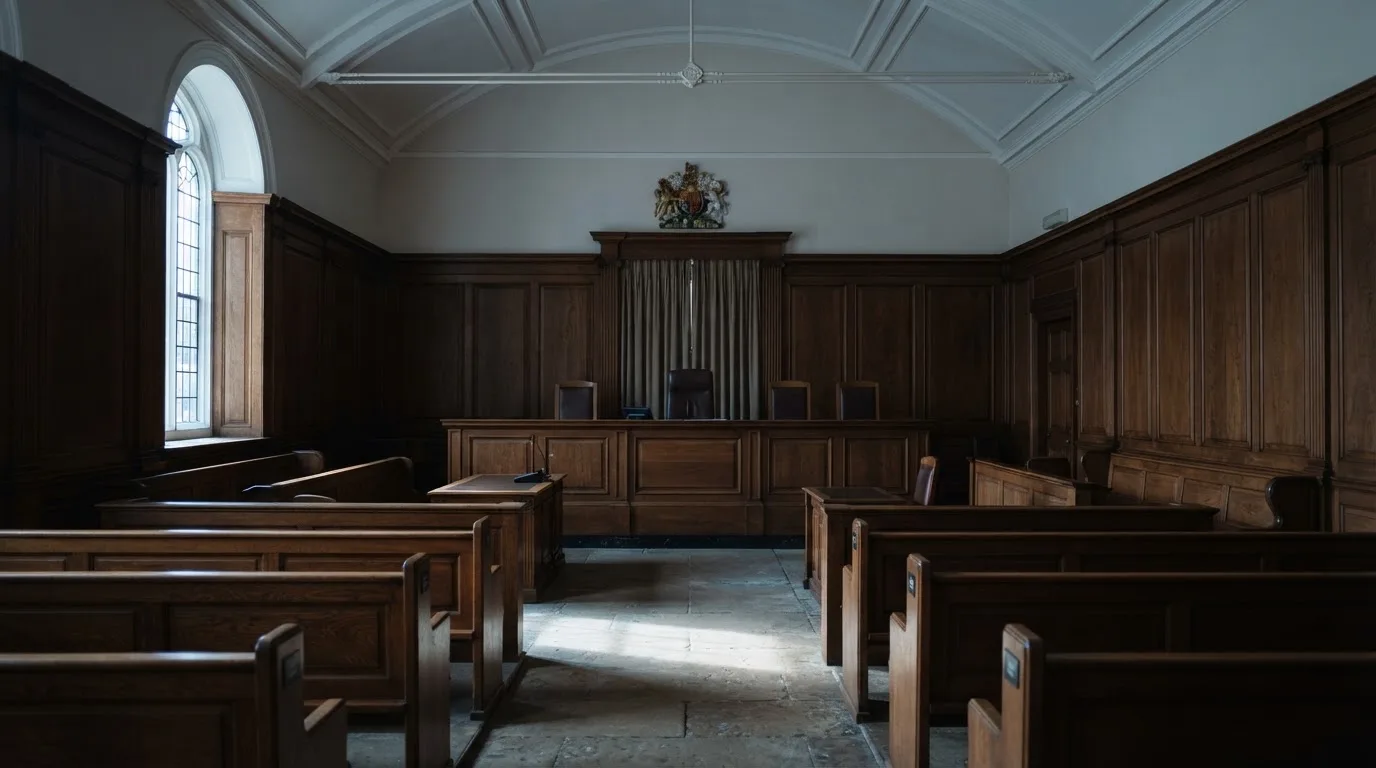 Sala de tribunal vazia com painéis de madeira, à luz da manhã — cassinos sem kyc em portugal