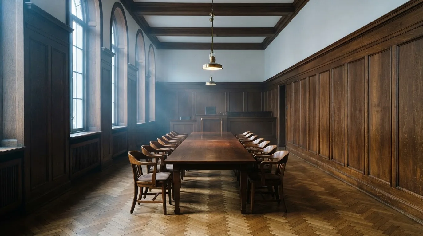 Sala de tribunal vazia com painéis de madeira, à luz da manhã — como jogar em casino pt