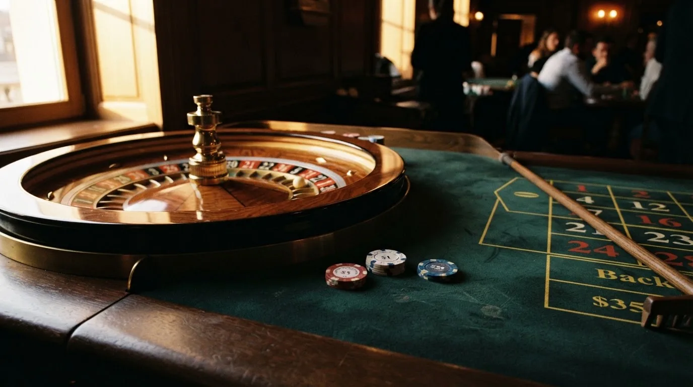 Roda de roleta e fichas sobre feltro verde, sob uma luz quente de fim de tarde — como jogar em casino pt