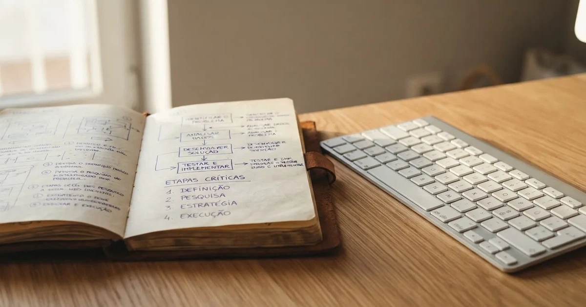 Caderno com um esboço passo a passo ao lado de um teclado — como jogar em casino pt