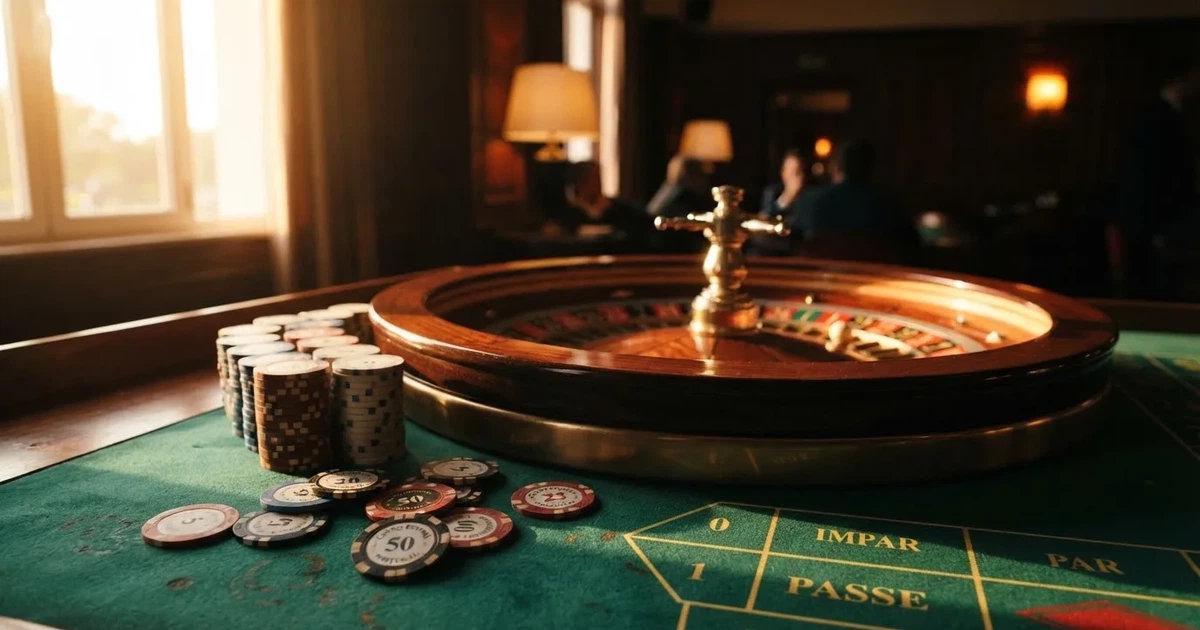 Roda de roleta e fichas sobre feltro verde, sob uma luz quente de fim de tarde — estoril casino em portugal