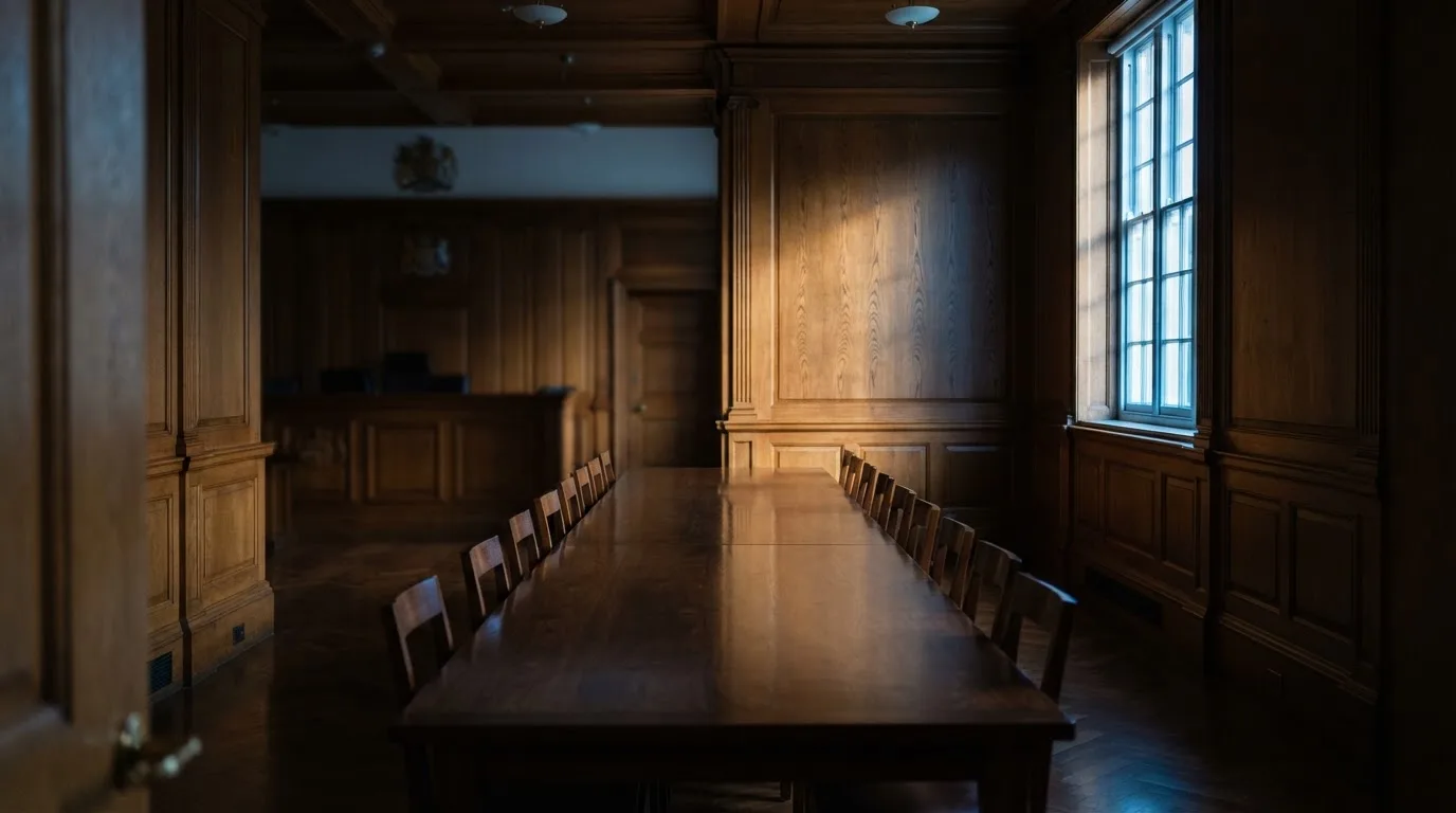 Sala de tribunal vazia com painéis de madeira, à luz da manhã — estratégia de blackjack para portugueses
