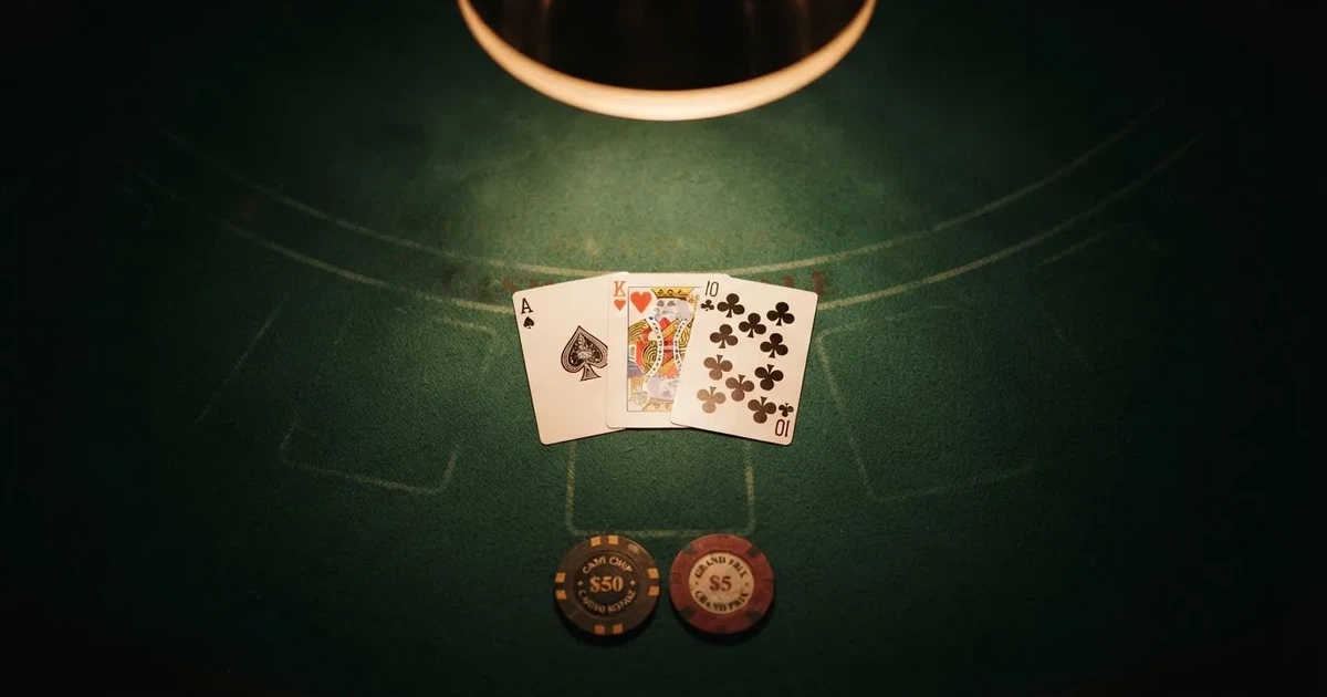 Mesa de jogo iluminada com cartas, vista de cima — estratégia de blackjack para portugueses