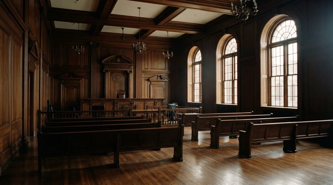 Sala de tribunal vazia com painéis de madeira, à luz da manhã — estratégia de roleta para portugueses