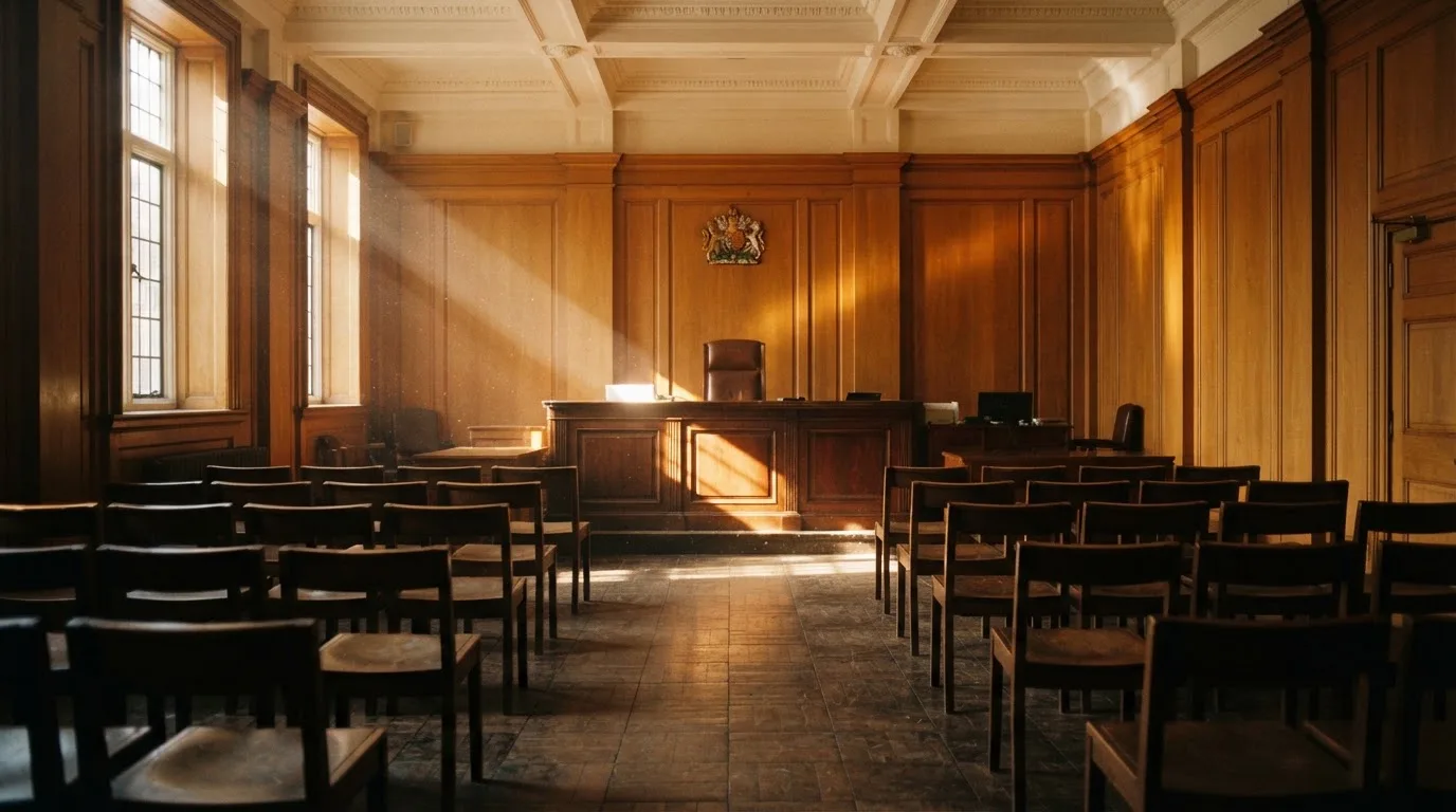Sala de tribunal vazia com painéis de madeira, à luz da manhã — guias de casino para os portugueses