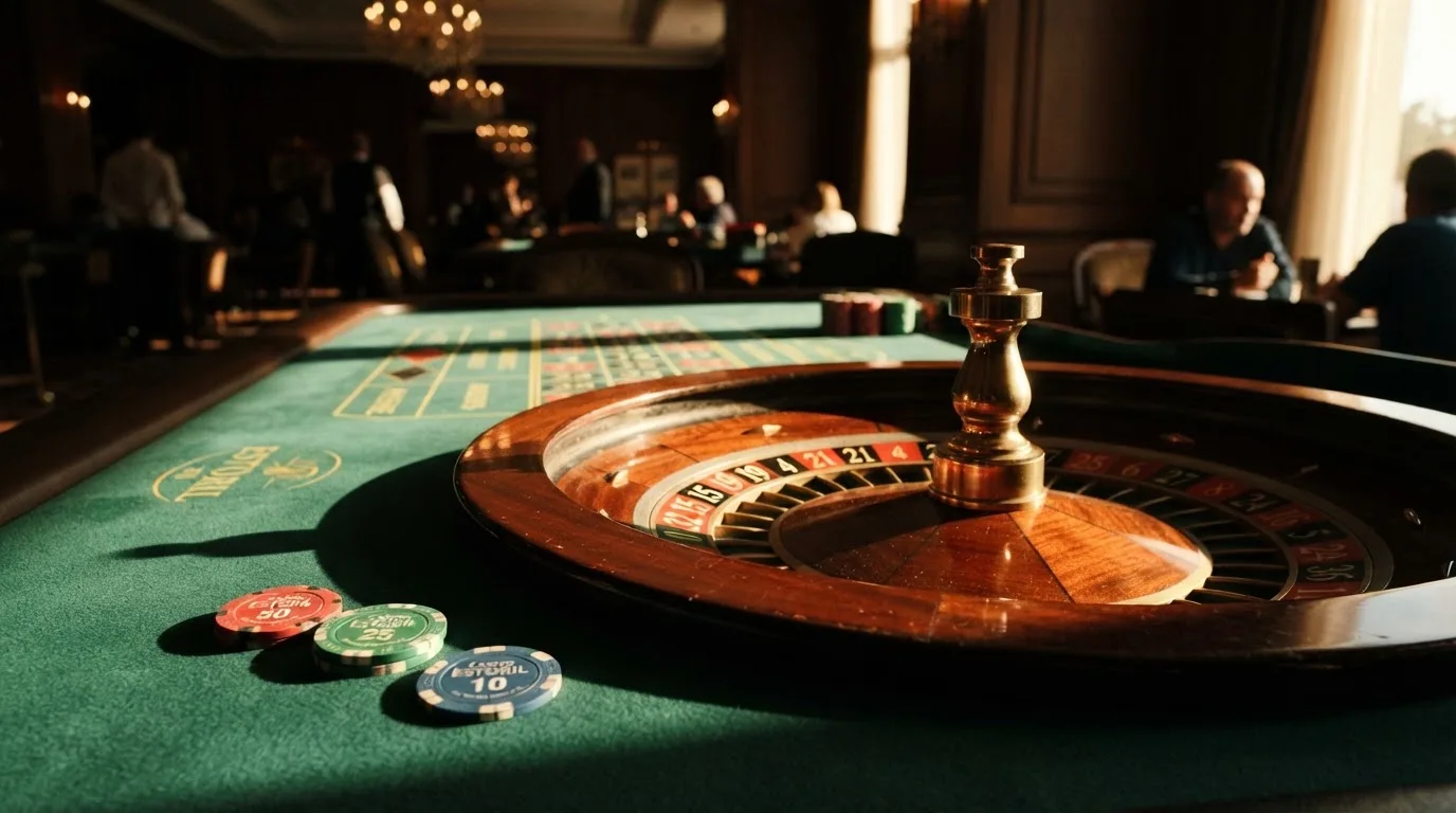 Roda de roleta e fichas sobre feltro verde, sob uma luz quente de fim de tarde — guias de casino para os portugueses