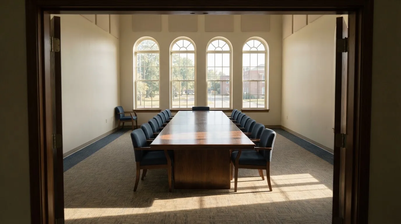 Sala de reuniões de um organismo público com mesa comprida, cadeiras alinhadas e janelas altas, sem pessoas, luz de manhã.