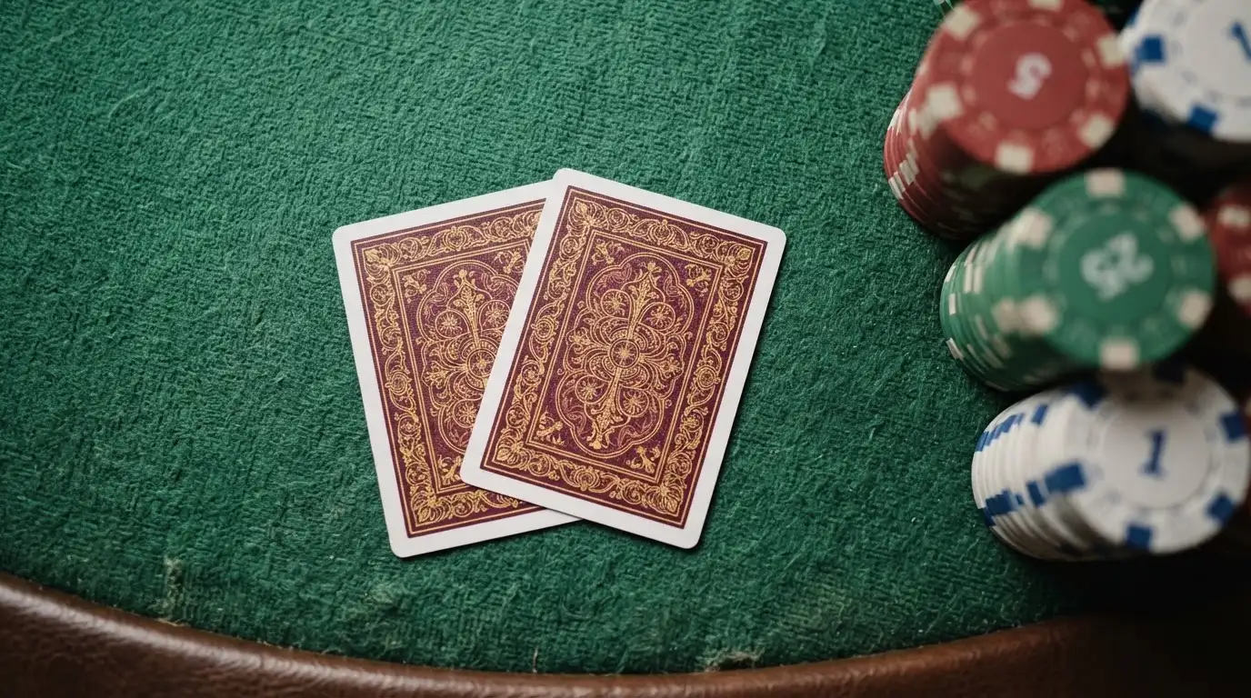 Mãos a espreitar duas cartas viradas para baixo numa mesa de feltro verde, com pilhas de fichas desfocadas ao lado.