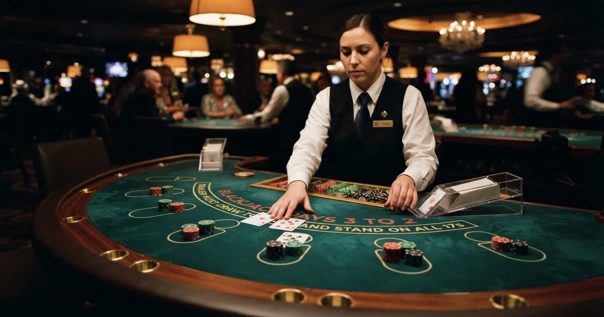 Croupier de colete preto a distribuir cartas numa mesa de blackjack semicircular, feltro verde, fichas empilhadas e iluminação baixa.