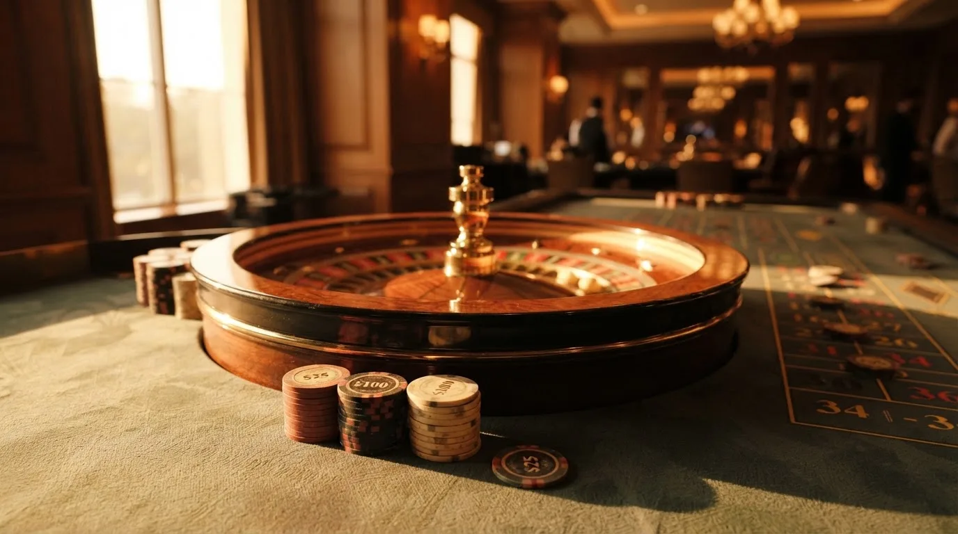 Roda de roleta e fichas sobre feltro verde, sob uma luz quente de fim de tarde — jogar no casino em portugal