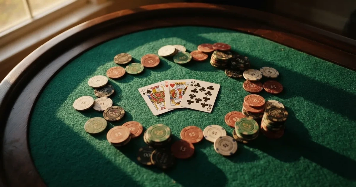 Mesa de jogo iluminada com cartas, vista de cima — jogar no casino em portugal