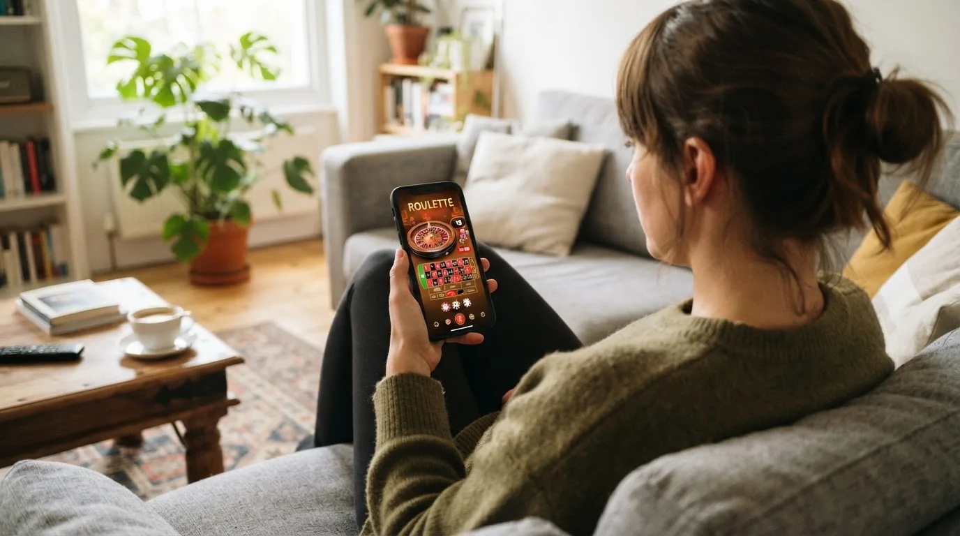 Mulher sentada num sofá a jogar roleta no telemóvel, com uma chávena de café na mesa e luz natural a entrar pela janela.