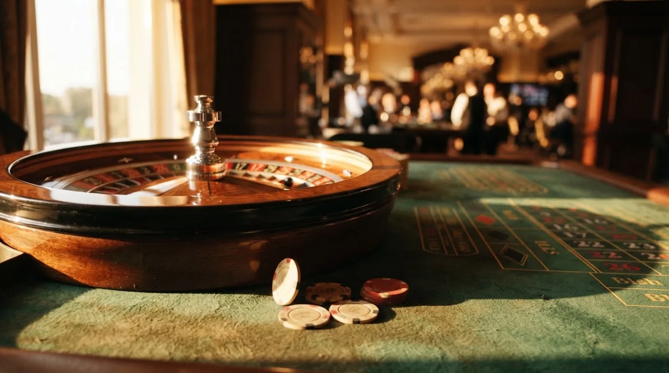 Roda de roleta e fichas sobre feltro verde, sob uma luz quente de fim de tarde — jogo de craps em portugal
