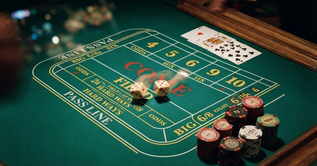 Mesa de jogo iluminada com cartas, vista de cima — jogo de craps em portugal