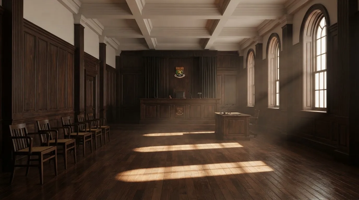 Sala de tribunal vazia com painéis de madeira, à luz da manhã — jogos de caça-níqueis em portugal