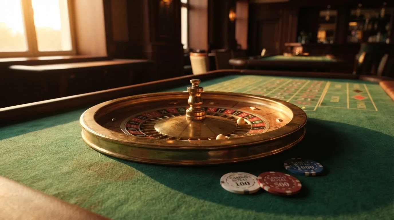 Roda de roleta e fichas sobre feltro verde, sob uma luz quente de fim de tarde — jogos de casino em portugal