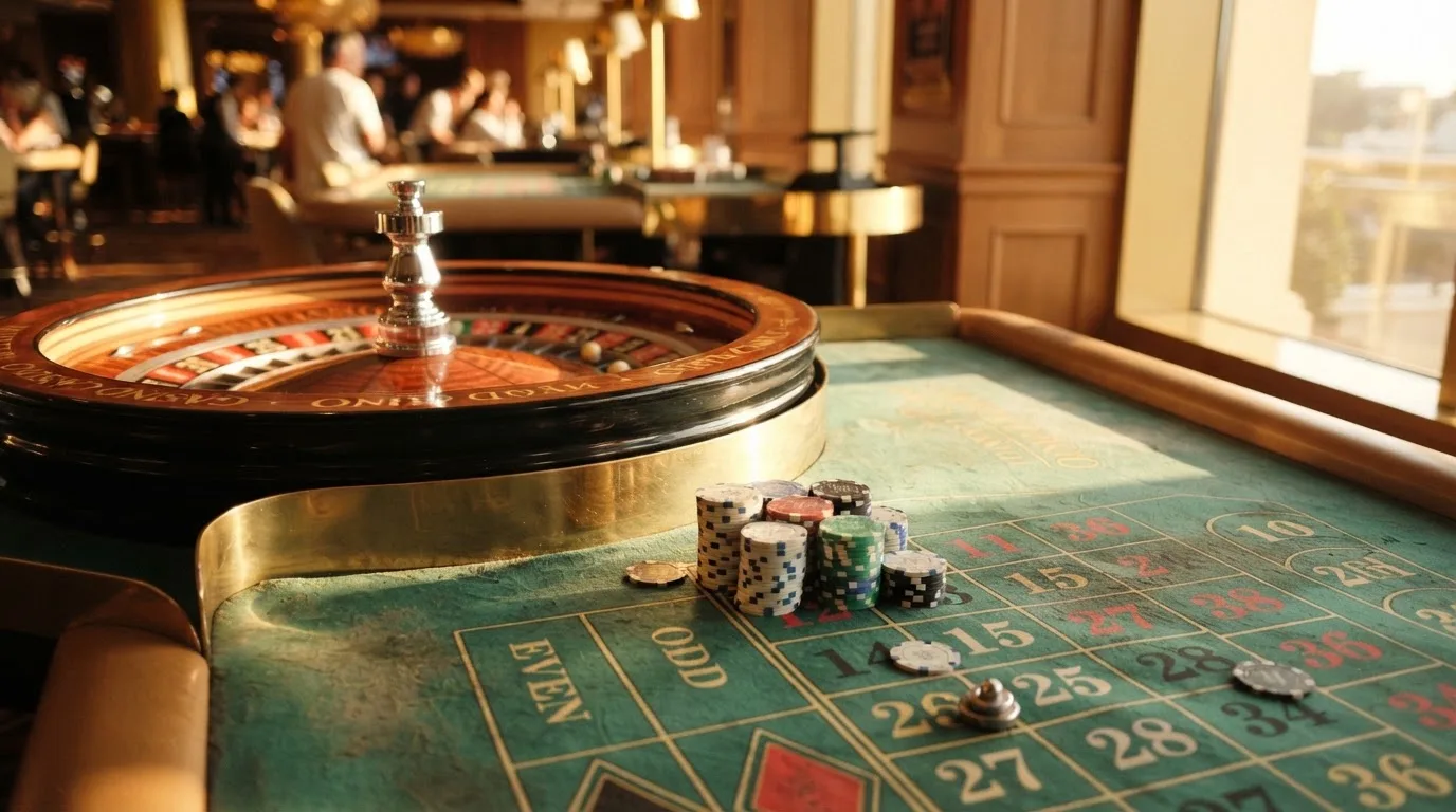 Roda de roleta e fichas sobre feltro verde, sob uma luz quente de fim de tarde — jogos de casino grátis pt