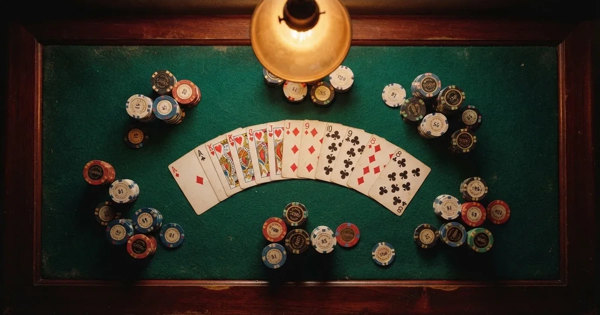 Mesa de jogo iluminada com cartas, vista de cima — jogos de casino grátis pt