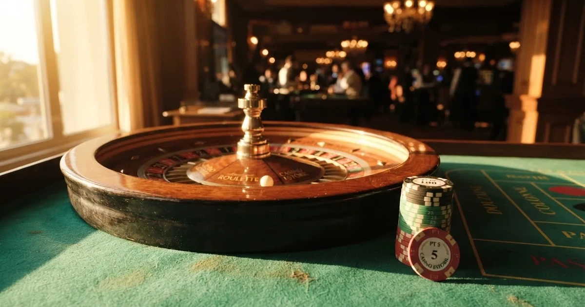 Roda de roleta e fichas sobre feltro verde, sob uma luz quente de fim de tarde — jogos de casino online pt