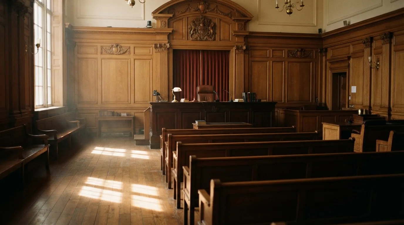 Sala de tribunal vazia com painéis de madeira, à luz da manhã — jogos de cassino em portugal