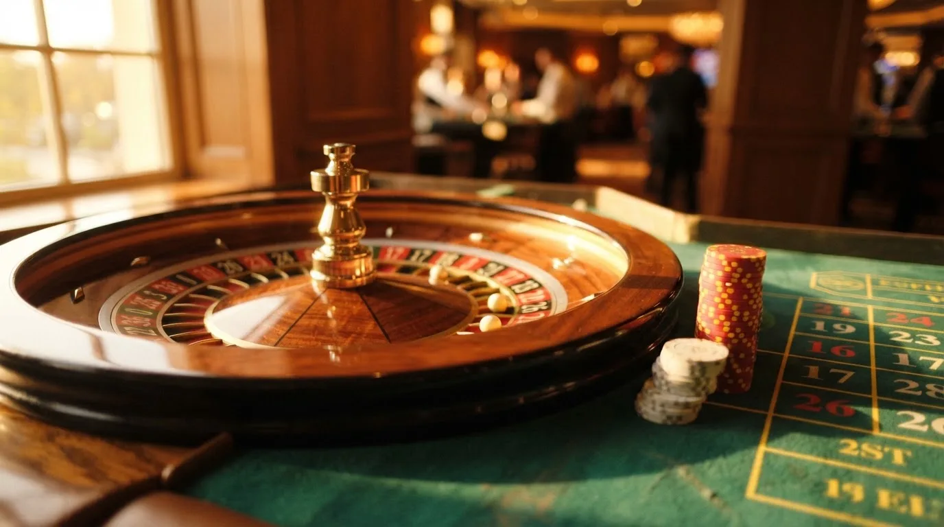 Roda de roleta e fichas sobre feltro verde, sob uma luz quente de fim de tarde — jogos de roleta em casino pt
