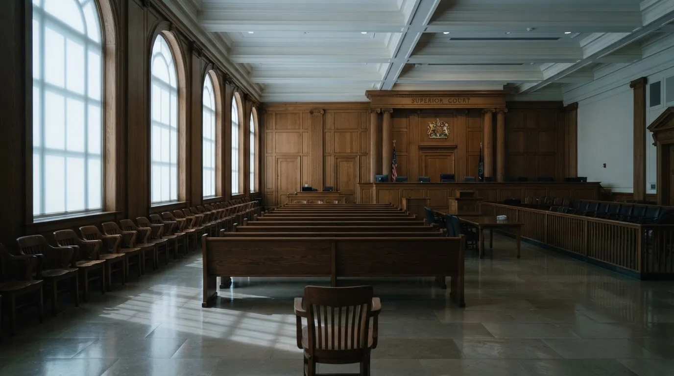 Sala de tribunal vazia com painéis de madeira, à luz da manhã — jogos de slots em portugal