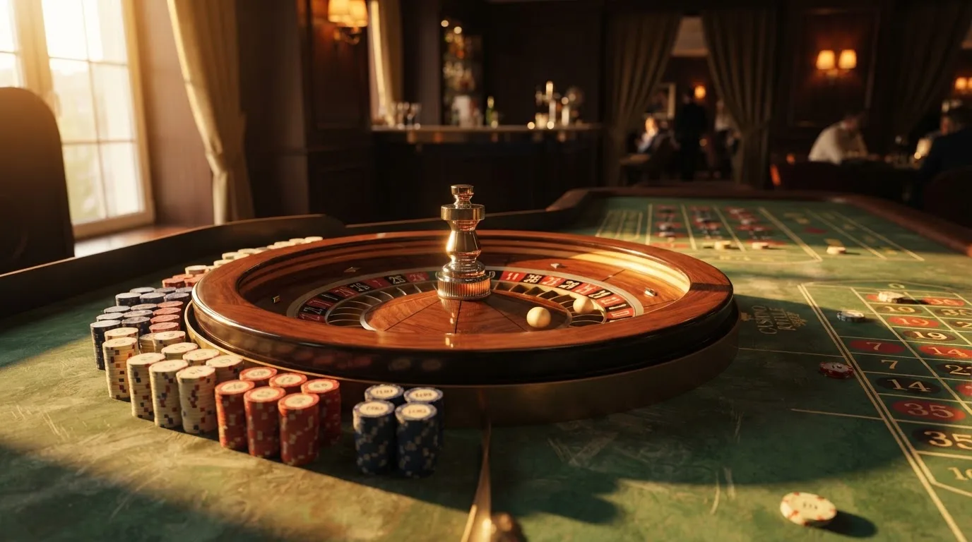 Roda de roleta e fichas sobre feltro verde, sob uma luz quente de fim de tarde — jogos de slots em portugal
