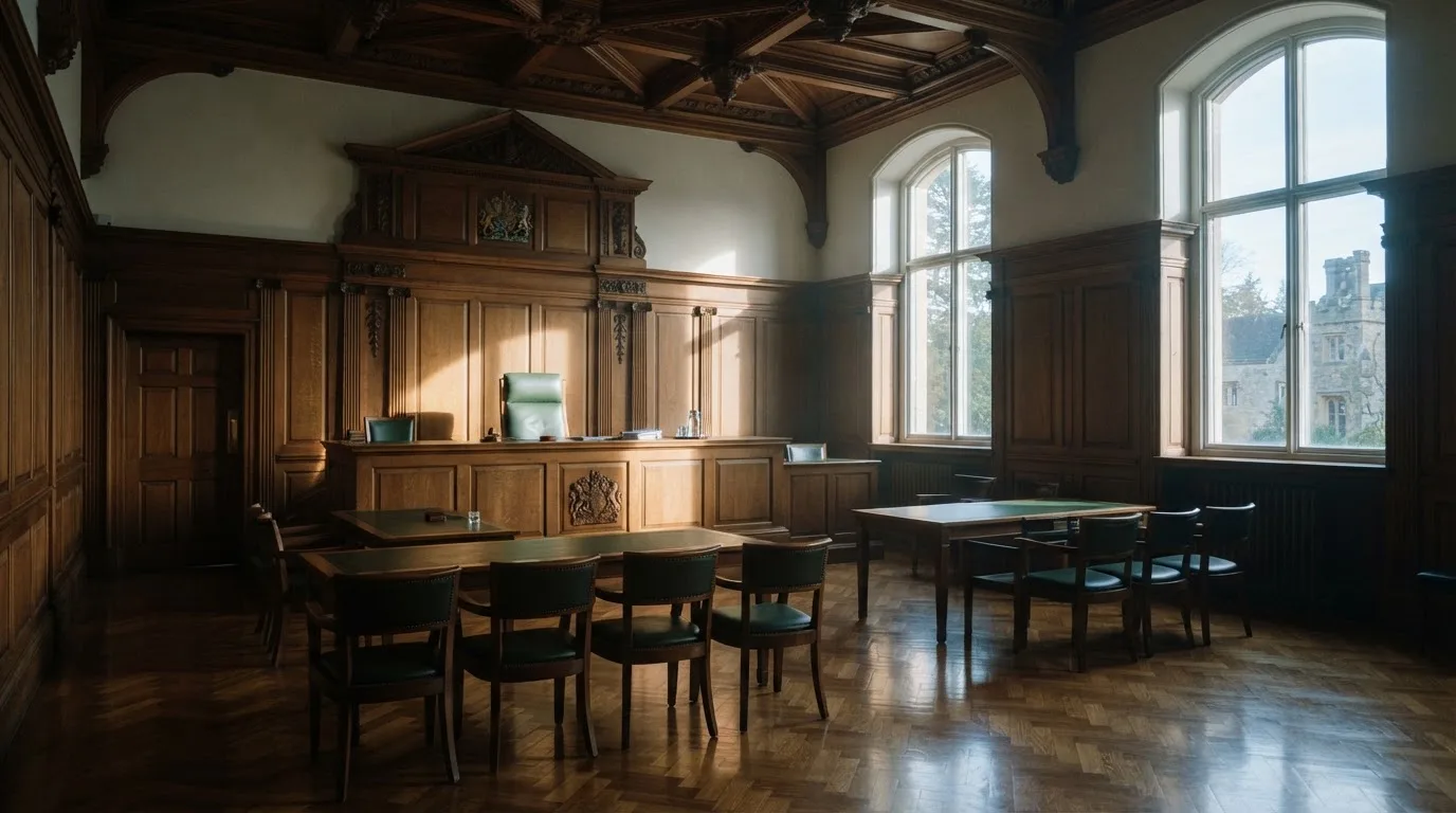 Sala de tribunal vazia com painéis de madeira, à luz da manhã — live casinos em portugal