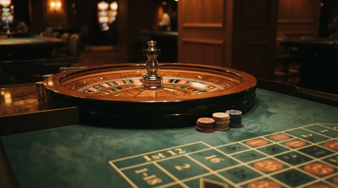 Roda de roleta e fichas sobre feltro verde, sob uma luz quente de fim de tarde — live casinos em portugal