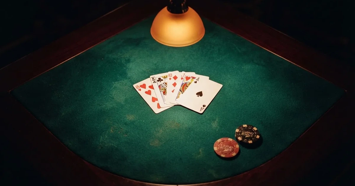 Mesa de jogo iluminada com cartas, vista de cima — live casinos em portugal