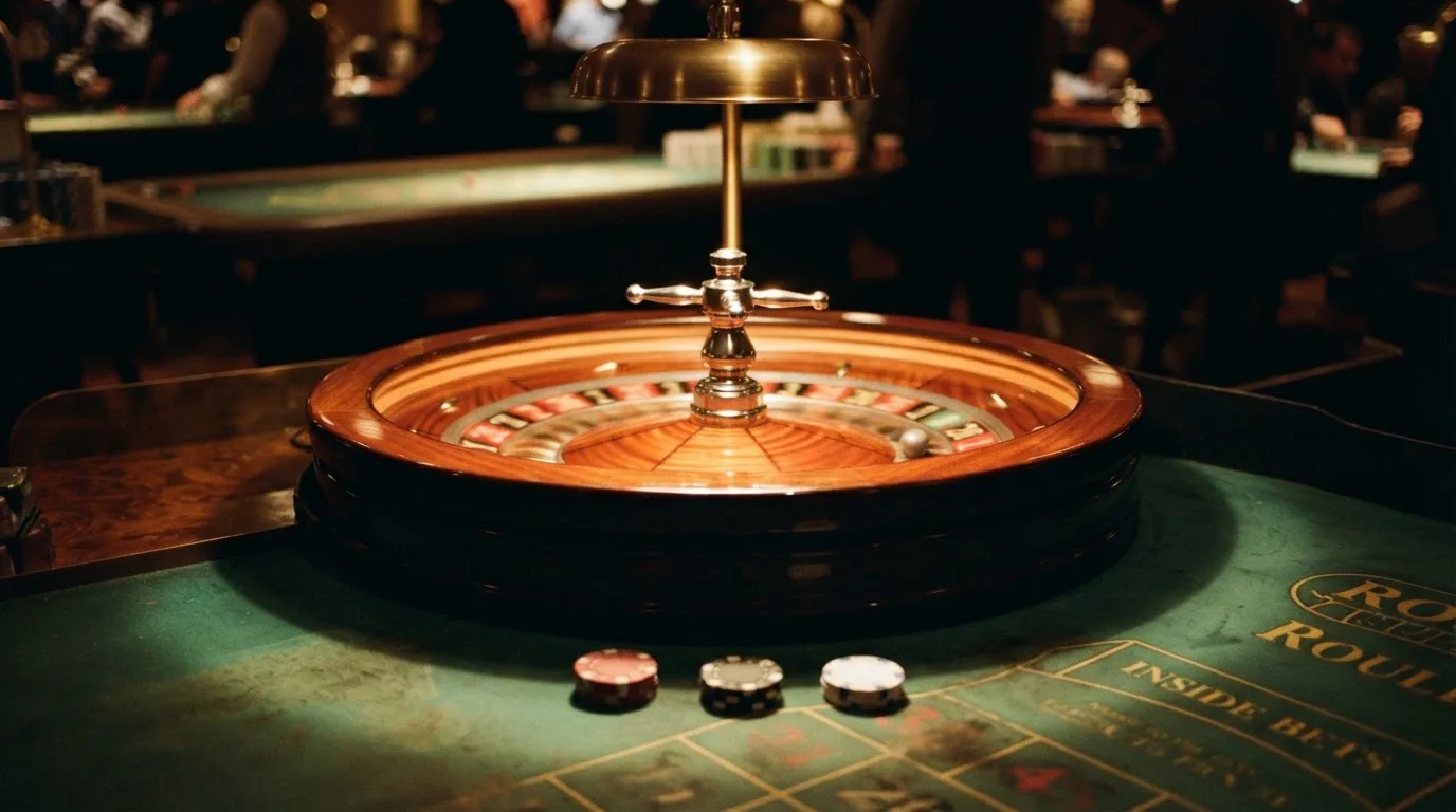 Roda de roleta e fichas sobre feltro verde, sob uma luz quente de fim de tarde — máquinas de casino em portugal