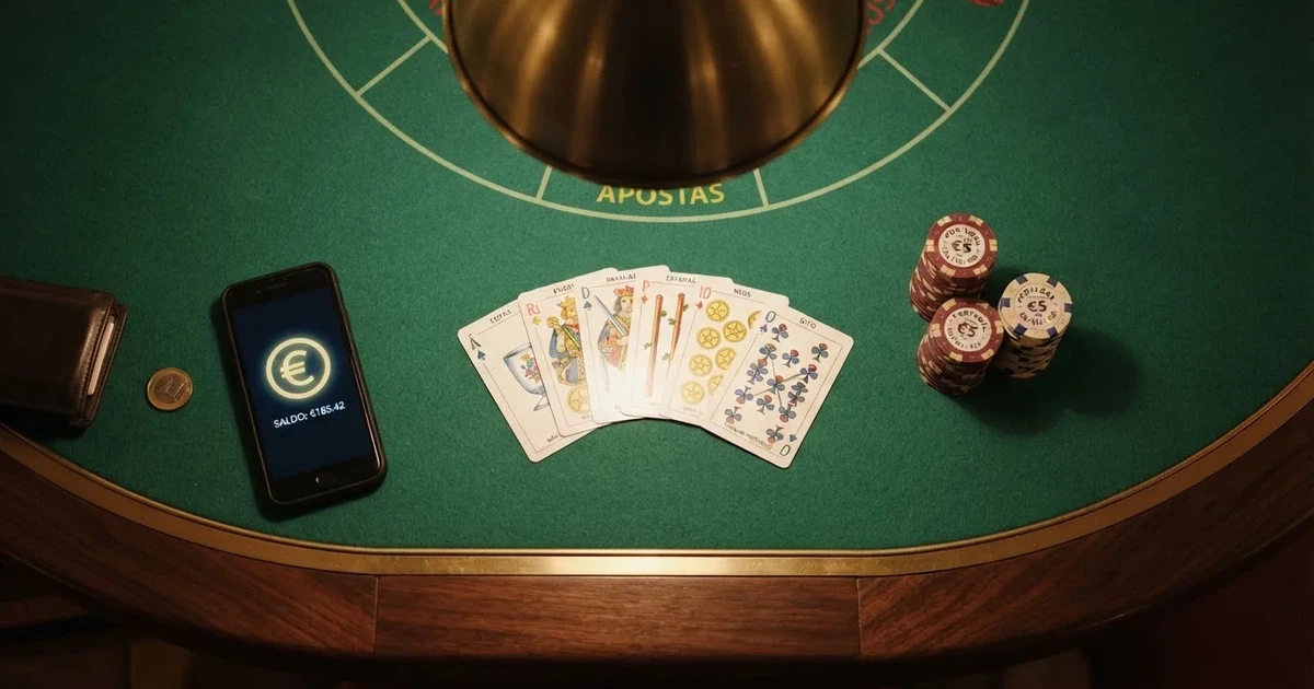 Mesa de jogo iluminada com cartas, vista de cima — máquinas de casino em portugal