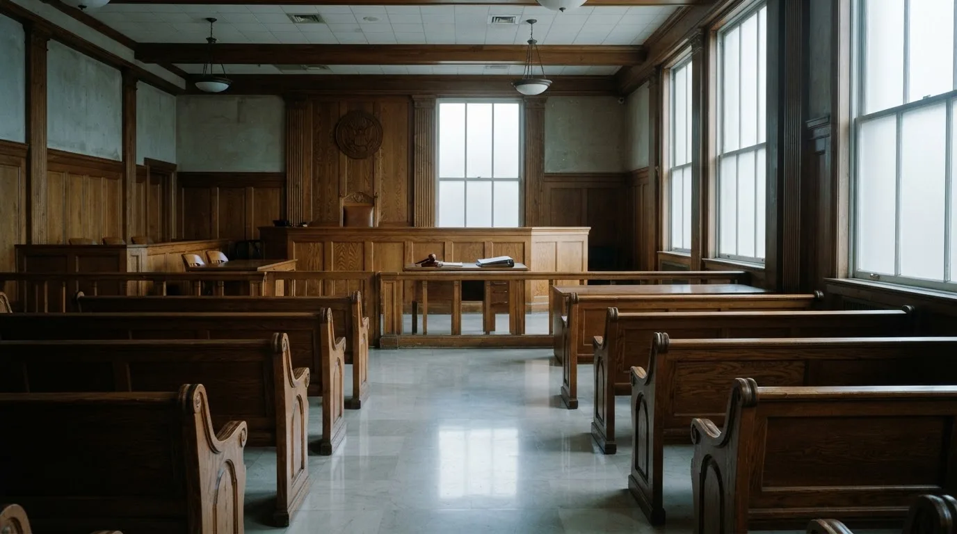 Sala de tribunal vazia com painéis de madeira, à luz da manhã — melhor blackjack em portugal