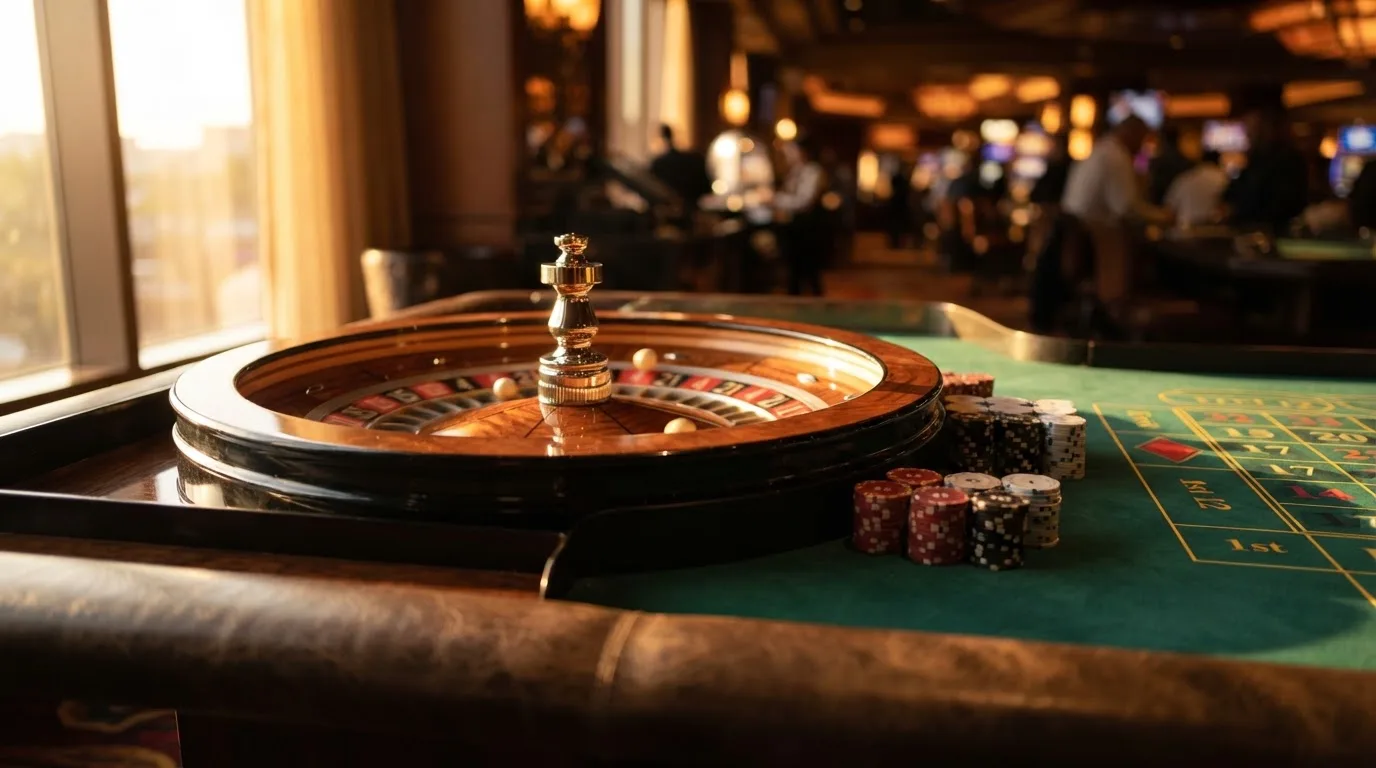 Roda de roleta e fichas sobre feltro verde, sob uma luz quente de fim de tarde — melhor blackjack em portugal